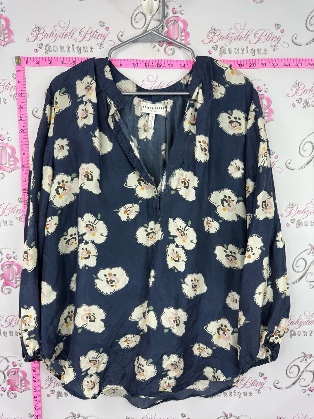 Apiece Apart silk blouse long sleeve Navy Floral Split V-Neck Blouse